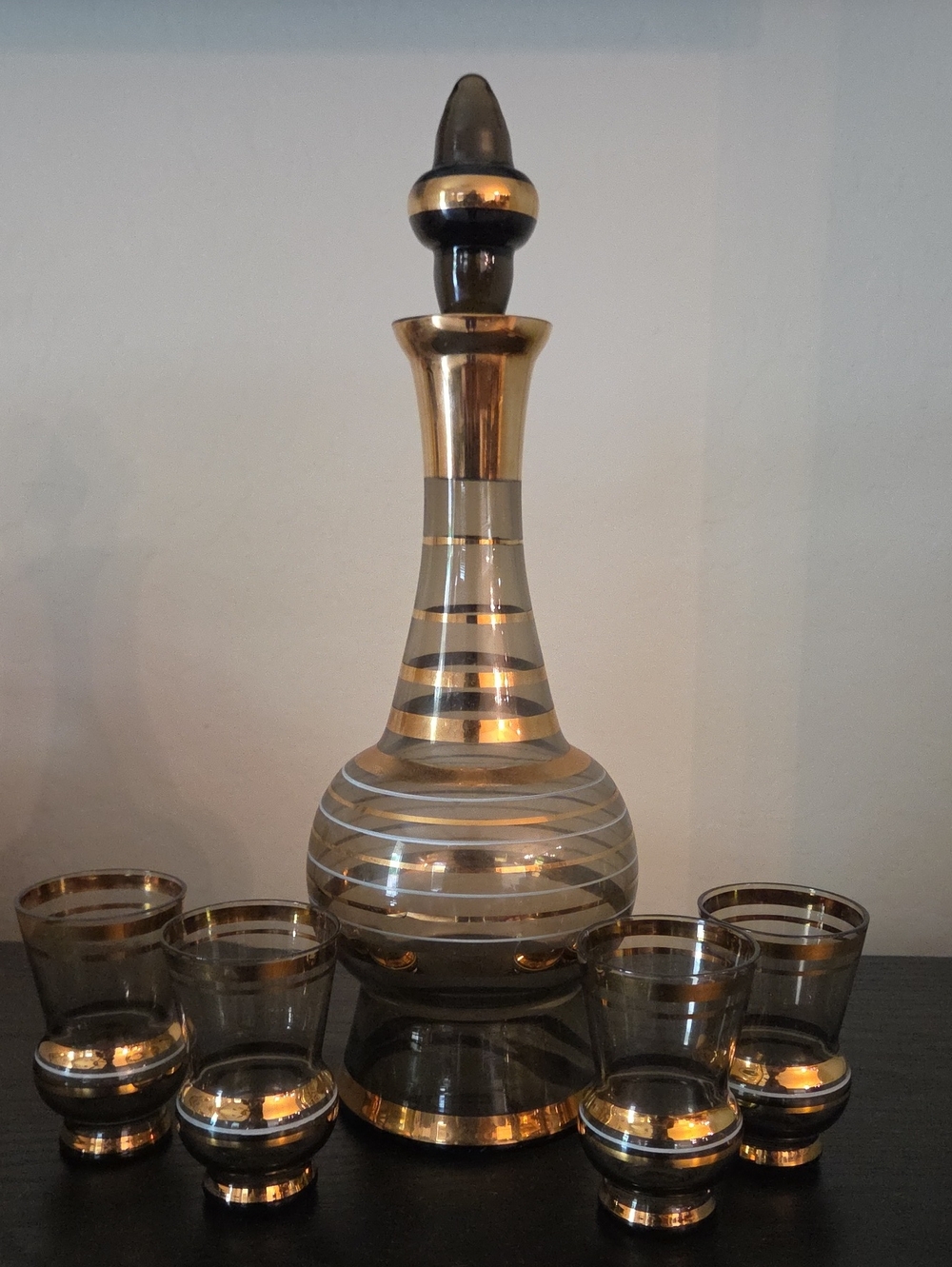 Vintage MCM Gold-Trimmed Glass Decanter Set